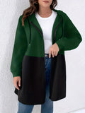 Plus Size Casual Coat, Women's Plus Colorblock Geometric Print Long Sleeve Hooded Zipper Coat