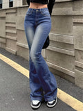 Plain Washed Retro Flare Jeans, Slim Fit High Stretch Slant Pockets Bell Bottom Jeans, Women's Denim Jeans & Clothing