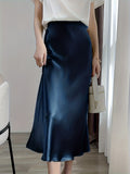 Retro Satin Maxi Skirts, Casual Solid High Waist Vintage Fashion Summer Skirts, Women's Clothing