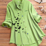 Plus Size Casual Shirt, Women's Plus Butterfly Print Roll Up Sleeve Stand Collar Button Up Blouse