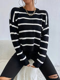 deanwangkt-1  Striped Crew Neck Pullover Sweater, Casual Long Sleeve Drop Shoulder Sweater, Women's Clothing