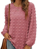 Plus Size Casual Top, Women's Plus Solid Swiss Dot Lantern Sleeve Round Neck Tunic Top