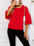 Solid Layered Flare Sleeve Blouse, Versatile Crew Neck Blouse For Spring & Fall, Women's Clothing