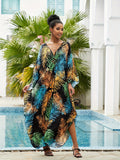 Plus Size Boho Kaftan Dress, Women's Plus Tropical Print Batwing Sleeve V Neck Split Maxi Beach Dress