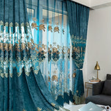 1pc Chenille Hollow Embroidery Curtain, Sunshade Living Room Dining Room Bedroom Blue Curtain, Window Treatment Home Decor