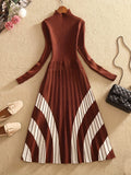 deanwangkt-1  Striped Pleated Splicing Knitted Dress, Elegant Turtleneck Long Sleeve Swing Dress, Women's Clothing
