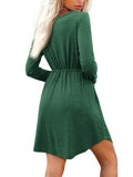 deanwangkt-1 Solid V Neck Drawstring Waist Dress, Casual Button Front Long Sleeve Dress, Women's Clothing