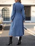 deanwangkt Blue Long Sleeves Denim Dress, Single Breasted Button With Waistband Lapel Denim Dress, Women's Denim Clothing