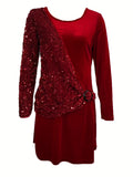 Sequin Decor Long Sleeve Dress, Stylish Crew Neck Dress, Women's Clothing