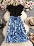 Plus Size Casual Dress, Women's Plus Colorblock Leopard Print Ruffle Sleeve V Neck Medium Stretch Belted Dress