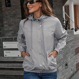 Drawstring Hooded Windproof Jacket, Casual Solid Long Sleeve Outerwear, Women's Clothing