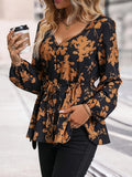 Floral Print V Neck Blouse, Casual Lantern Sleeve Tie-waist Button Decor Blouse, Women's Clothing