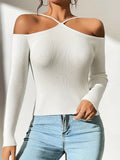 Ribbed Cold Shoulder Slim Sweater, Casual Long Sleeve Sweater For Spring & Fall, Women's Clothing