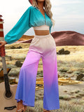 Holiday Color Block Two-piece Set, Lace Up Crop Top & Wide Leg Pants Outfits, Women's Clothing