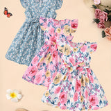 3pcs Little Princess Butterfly Floral Ruffle Trim Dresses - Adorable Belted Casual Summer Dresses for Girls - Polyester Non-Stretch Fabric, A-Line Fit, Perfect for Holiday Gift Party