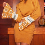 Hippie Patchwork Turtleneck Knitted Sweater Dress, Casual Flared Cuff Long Sleeve Dress, Women's Clothing