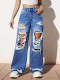 Ripped Straight Leg Loose Fit Jeans, High Rise Wide Legs Distressed Denim Pants, Women's Denim Jeans & Clothing