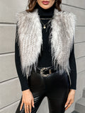 Faux Fur Open Front Crop Vest, Elegant Thermal Sleeveless Vest For Fall & Winter, Women's Clothing