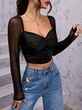 Sheer Lace Panel Cropped Top, Elegant Long Sleeve Twist Front Top, Women's Clothing