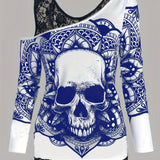 Plus Size Casual T-shirt, Women's Plus Skull & Mandala Print Contrast Lace Cold Shoulder Long Sleeve Slight Stretch T-shirt