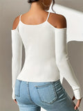 Ribbed Cold Shoulder Slim Sweater, Casual Long Sleeve Sweater For Spring & Fall, Women's Clothing