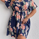 deanwangkt-1 Plus Size Vacay Dress, Women's Plus Floral Print Flutter Sleeve Surplice Neck Nipped Waist Ruched Midi Dress