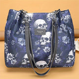 Large Capacity Punk Floral Skull Print Tote Bag - Stylish Single-Strap Shoulder Bag with Fixed Straps, Zipper Closure, Polyester Lining - Versatile Handbag for Daily Commute, Work, and Travel