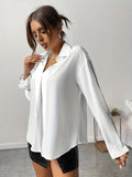 Solid Turndown Collar Blouse, Casual Long Sleeve Blouse For Spring & Fall, Women's Clothing