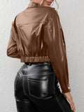 Solid Turn Down Collar Faux Leather Crop Jacket, Casual Button Up Long Sleeve Outerwear, Women's Clothing