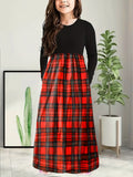 Girls Vibrant Plaid Crew Neck Long Sleeve Dress - Classic Design for Comfort and Warmth - Perfect for Fall and Christmas Parties