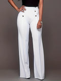 Plus Size Casual Pants, Women's Plus Solid Button Decor High Rise Elastic Straight Leg Pants