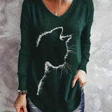 Plus Size Casual T-shirt, Women's Plus Cat Print Long Sleeve V Neck Slight Stretch Top