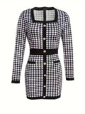 deanwangkt-1  Houndstooth Print Dress, Elegant Squared Neck Long Sleeve Slim Dress, Women's Clothing