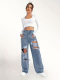 Ripped Straight Leg Loose Fit Jeans, High Rise Wide Legs Distressed Denim Pants, Women's Denim Jeans & Clothing