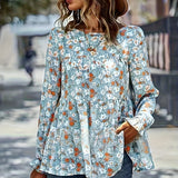 Floral Print Crew Neck Tiered Blouse, Casual Long Sleeve Blouse For Spring & Fall, Women's Clothing