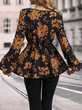 Floral Print V Neck Blouse, Casual Lantern Sleeve Tie-waist Button Decor Blouse, Women's Clothing