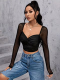 Sheer Lace Panel Cropped Top, Elegant Long Sleeve Twist Front Top, Women's Clothing