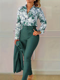 deanwangkt-1  Elegant Two-piece Set, Floral Print V Neck Long Sleeve Blouse & Solid Belted Tapered Pants Outfits, Women's Clothing
