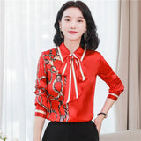 Women's Designer Floral Printed Shirt With Neck Bow Plus Size Elegant Long Sleeve Office Ladies Runway Silk Button Shirts Sweet Girl Chic Satin Blouses Red Tops