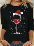 Plus Size Christmas T-shirt, Women's Plus Christmas Hat Wine Glass Print Long Sleeve Round Neck Medium Stretch T-shirt