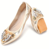 KUNWFNIX Sparkling Pointed-Toe Ballet Flats - Rhinestone Embellished, Foldable Soft TPR Sole, Microfiber Artificial Leather Upper, Sequin Decorated, Slip-On Design for Comfortable Walking - Perfect for Summer and All-Season Wear