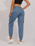 Flap Pocket Double Side Bottons Cargo Jeans, Wash Blue Street Jogger Jeans, Women's Denim Jeans & Clothing