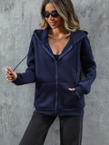 Solid Zipper Hooded Jacket, Versatile Drawstring Kangaroo Pocket Outwear For Fall & Winter, Women's Clothing