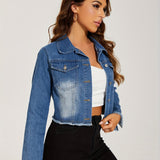 deanwangkt-1  Blue Frayed Trim Denim Jackets, Long Sleeves Single-Breasted Button Lapel Denim Coats, Women's Denim Clothing