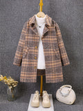 Girls Retro Plaid College Style Button Lapel Faux Woolen Jacket Overcoat, Autumn And Winter