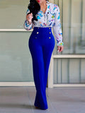 Plus Size Casual Pants, Women's Plus Solid Button Decor High Rise Elastic Straight Leg Pants