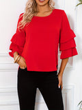 Solid Layered Flare Sleeve Blouse, Versatile Crew Neck Blouse For Spring & Fall, Women's Clothing