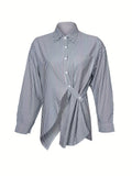 Striped Print Split Shirt, Casual Button Front Long Sleeve Shirt, Women's Clothing