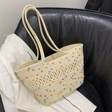 Crochet Large Capacity Durable Shoulder Bag, Vacation Boho Style Beach Handbag, Portable Double Handle Shopping Bag