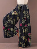 Plus Size Elegant Pants, Women's Plus Floral Print Drawstring Elastic Wide Leg Pants